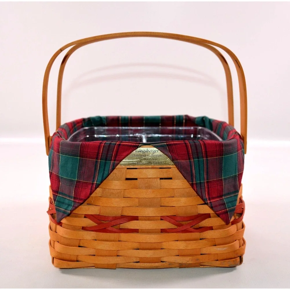 2000 Longaberger Christmas Deck The Halls Basket Plaid Liner 2 Plastic Inserts